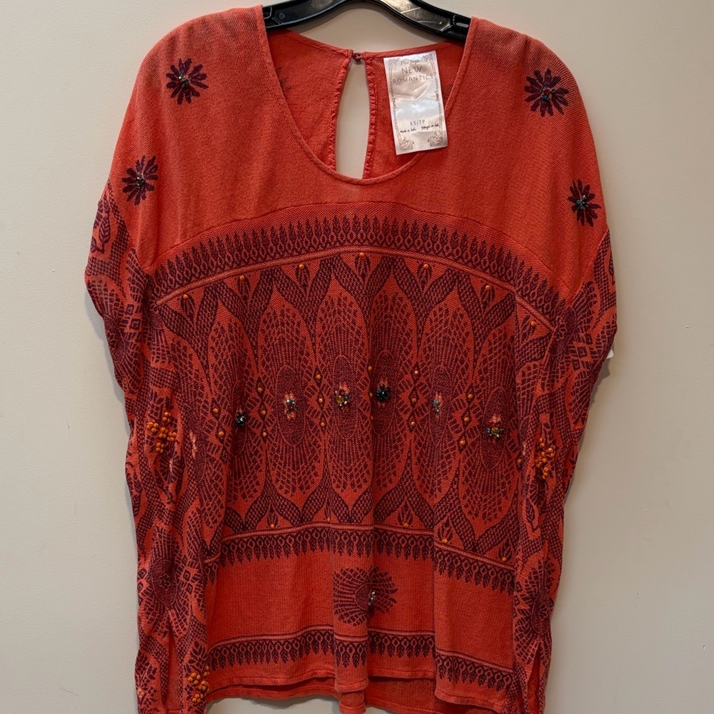 Free People New Romantics Blouse Womens XS Terracotta Embroideredโ Boho Top